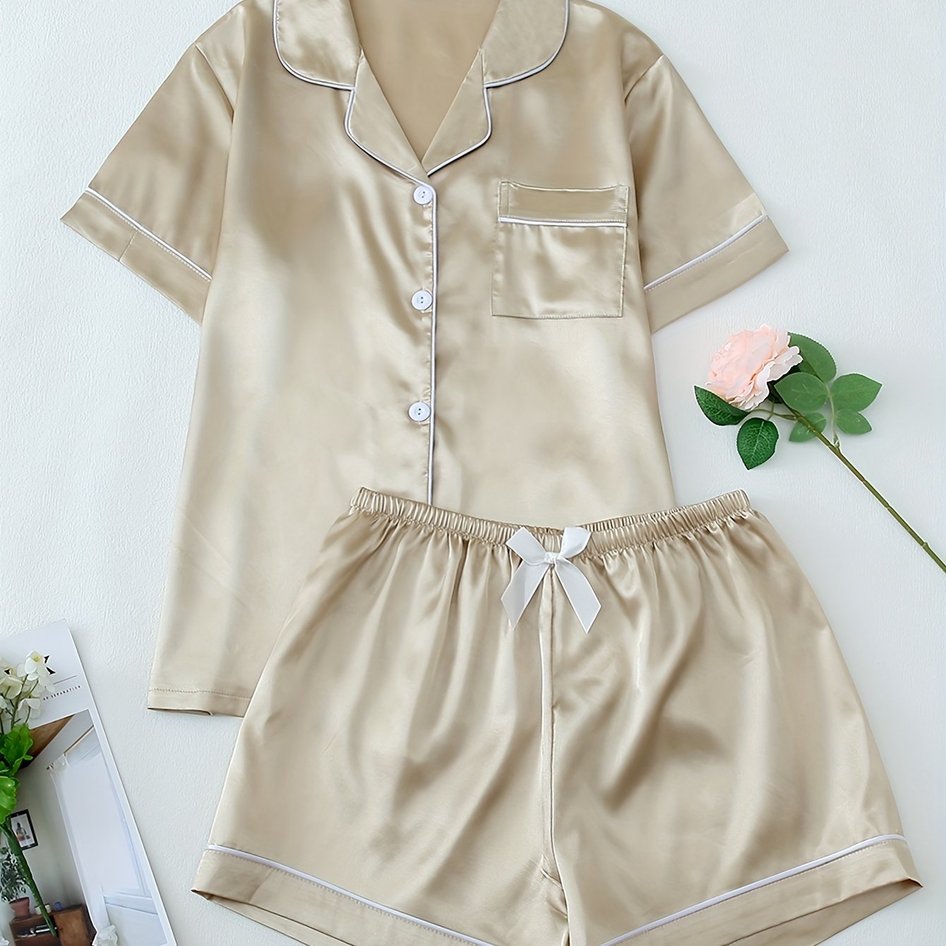 Damen Pyjama Set – Satin Kurzarm Elegant
