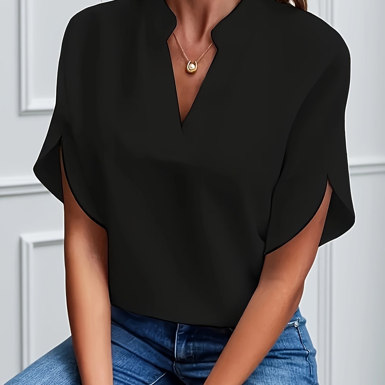 Damen Bluse – V-Ausschnitt Fledermausärmel Locker Elegant