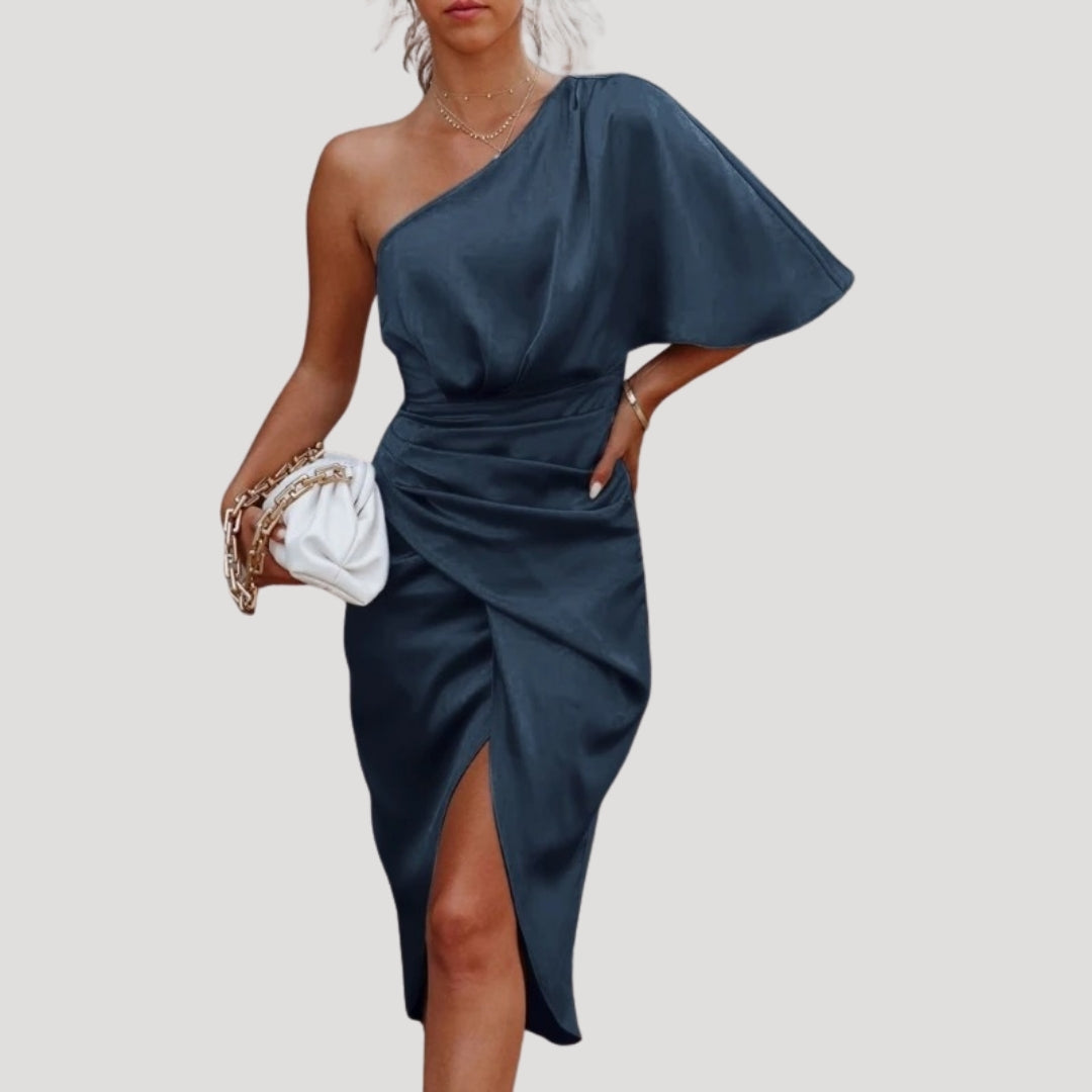 Damen Midikleid – One-Shoulder & Schlitz Elegantes Sommerkleid