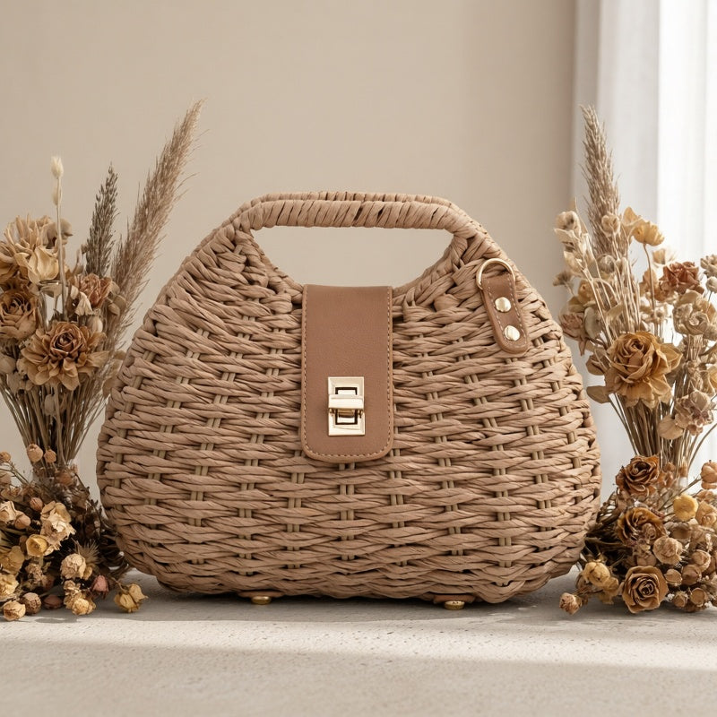 Damen Muschel Crossbody Bag – Sommerliche Strohtasche für Urlaub