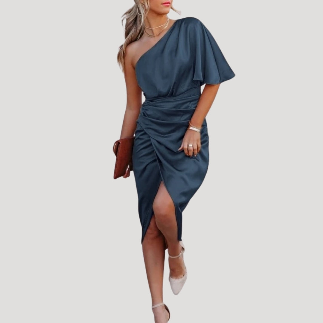 Damen Midikleid – One-Shoulder & Schlitz Elegantes Sommerkleid