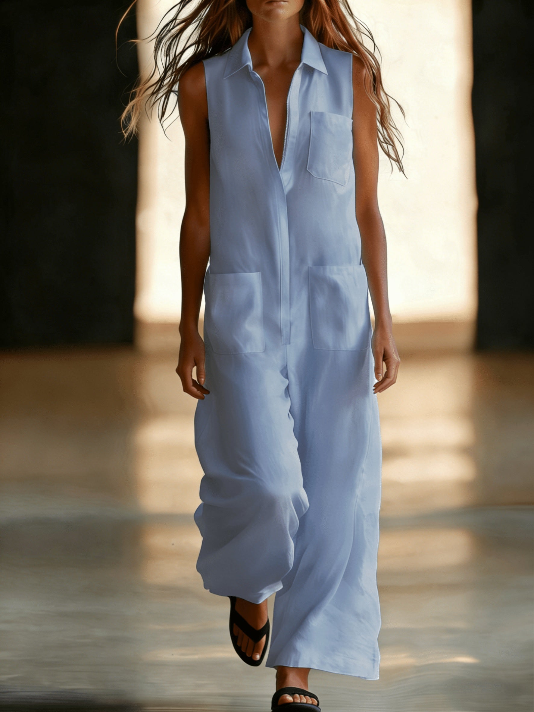 Damen Ärmelloser Wide-Leg Jumpsuit mit Taschen
