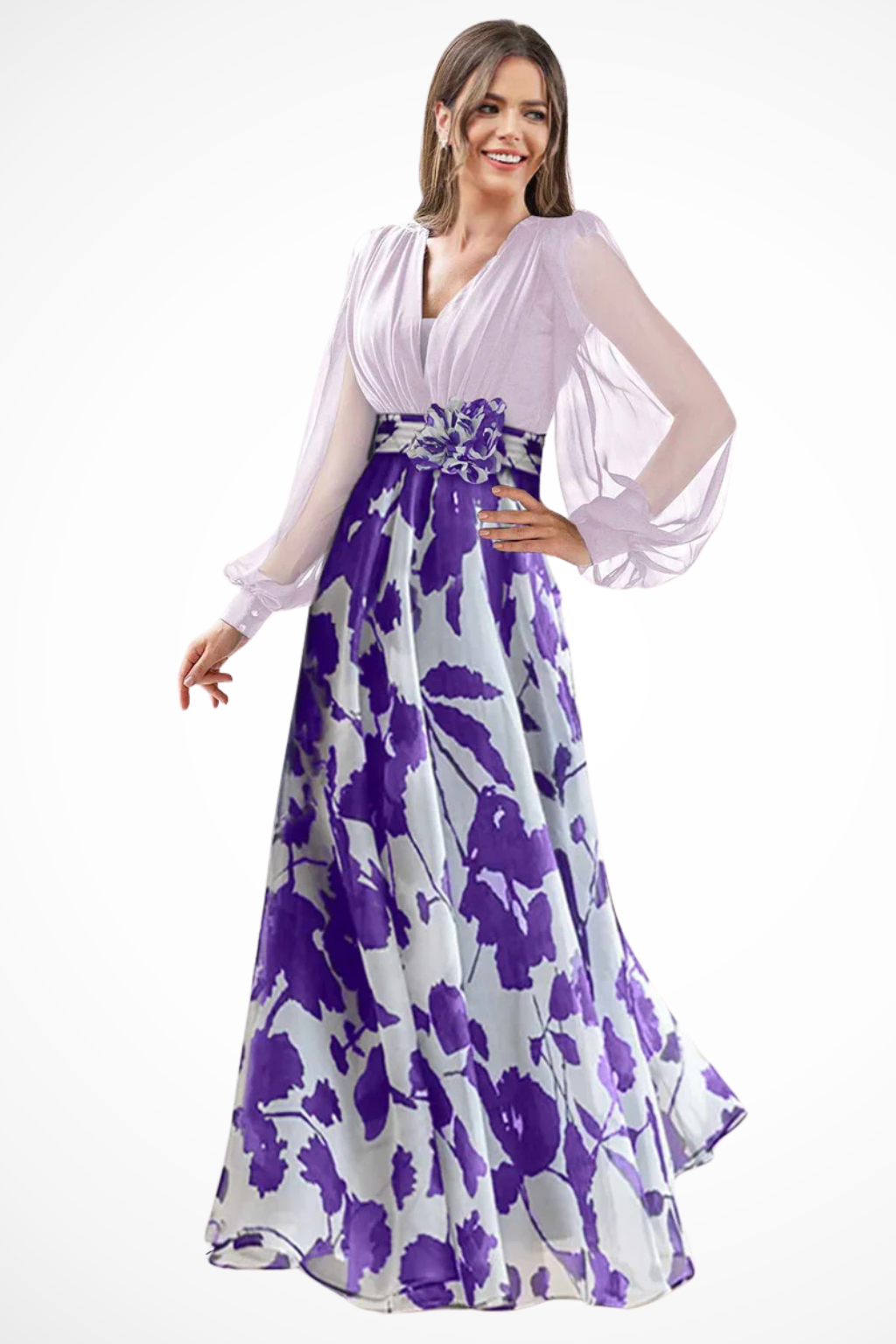 Valentina Damen Maxikleid – V-Ausschnitt & Ballonärmel Floral Elegant