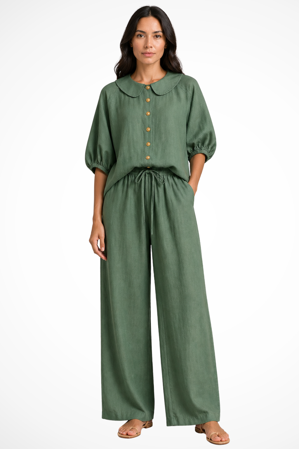 Cordelia Damen Leinen Set – Bluse mit Peter-Pan-Kragen & Weite Hose