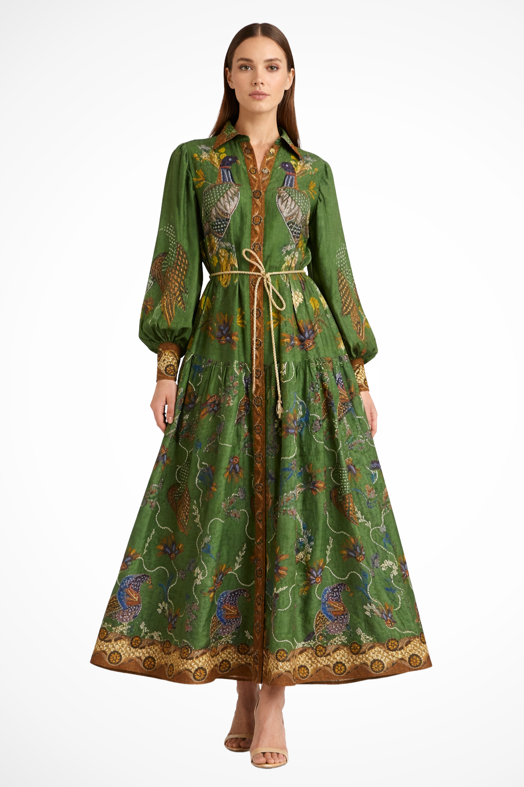 Thea Damen Maxikleid – V-Ausschnitt & Print mit Stufenrock Elegant