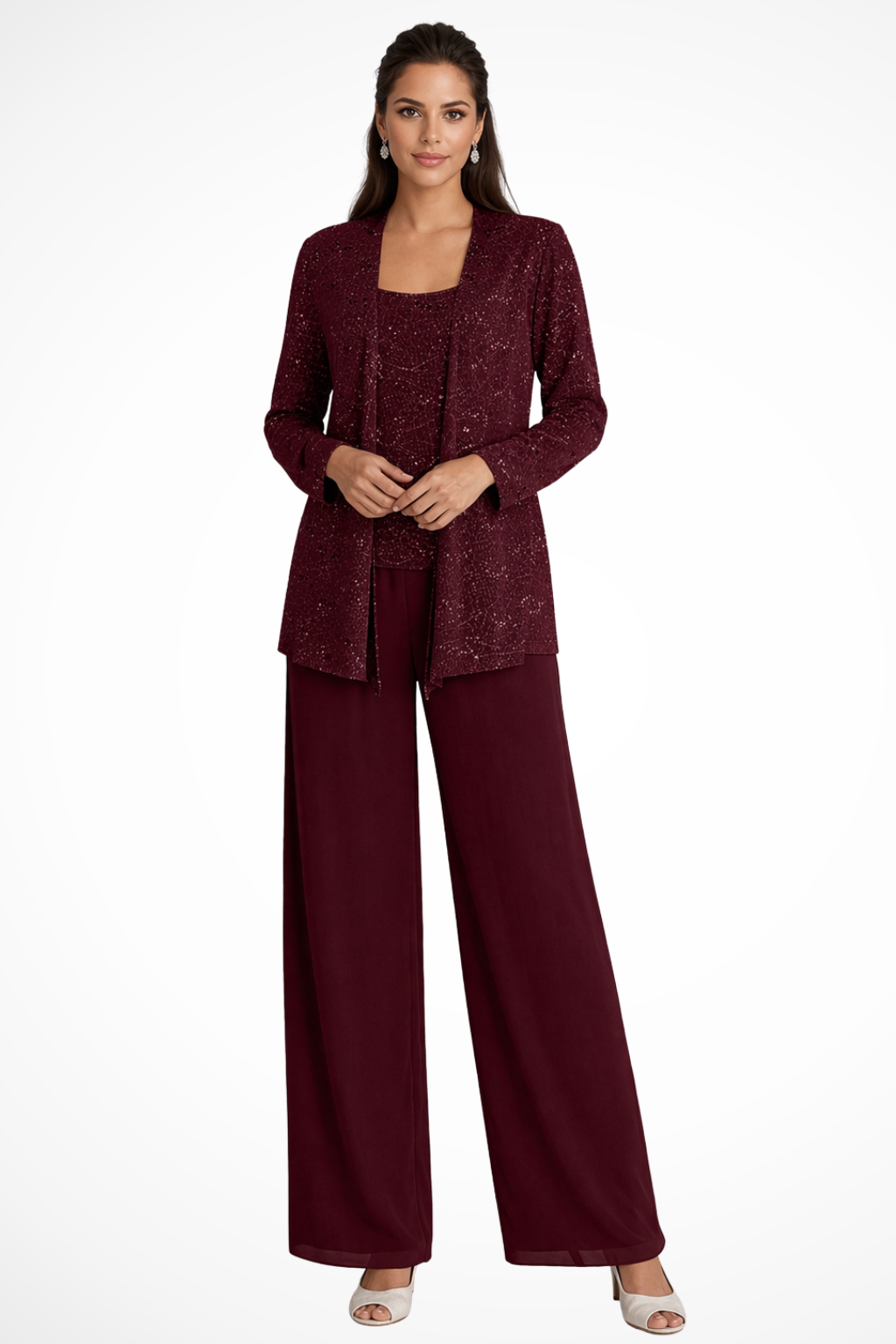 Miriam | Women Sequin Lace Jacket Three Piece Wide Leg Wedding Guest Trouser Suit