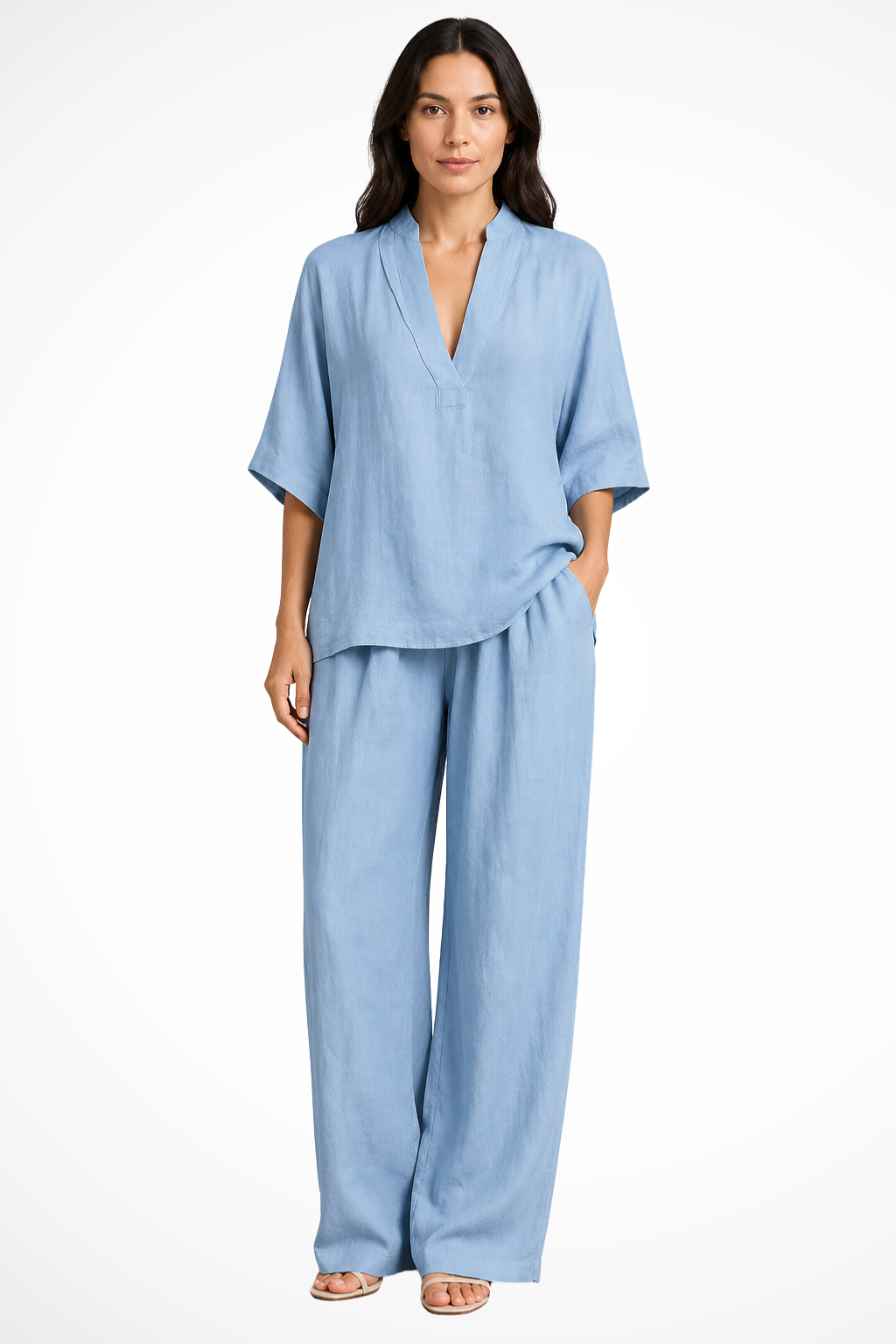 Rosalind Damen Leinen Set – V-Ausschnitt Top & Weite Hose