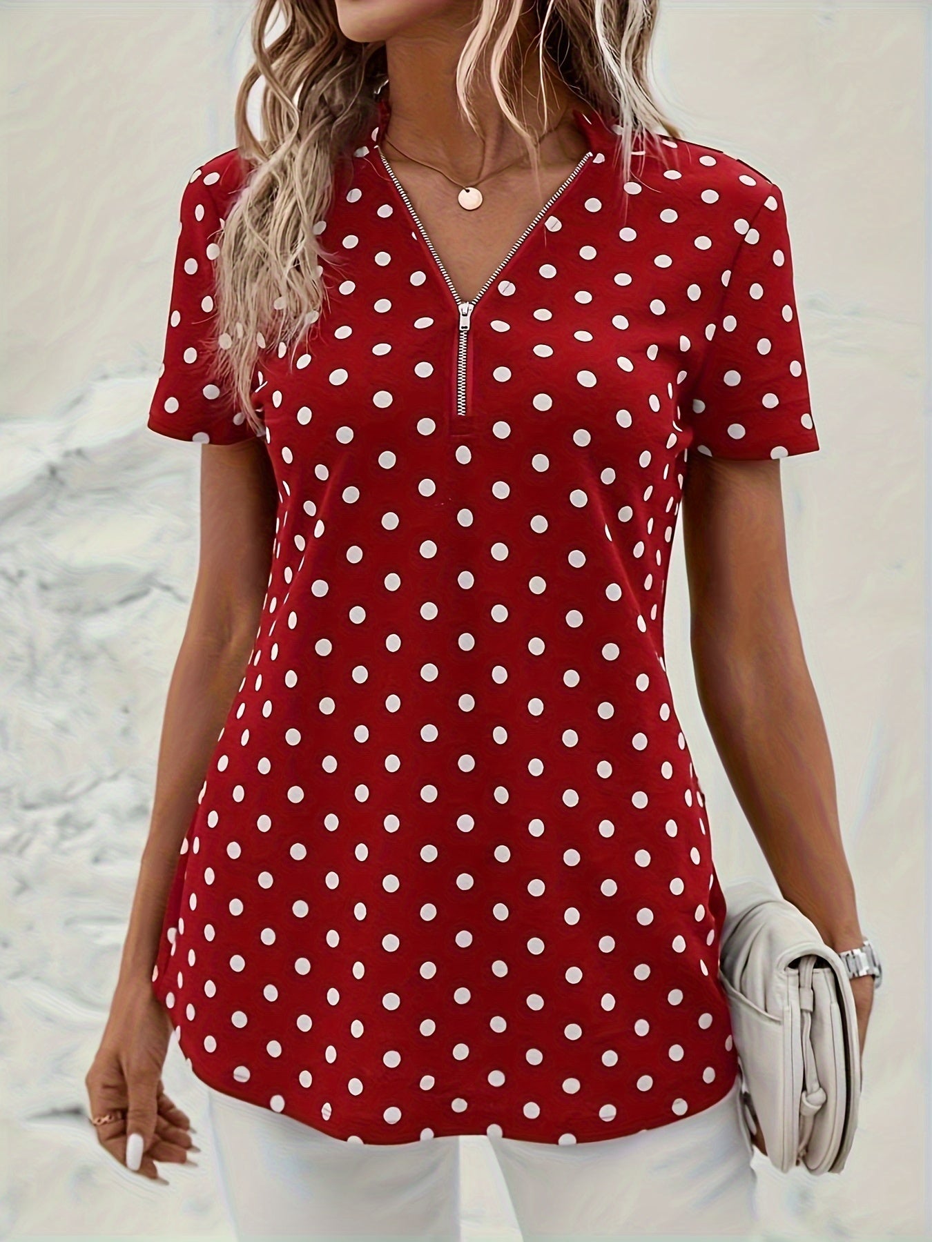 Damen Zip-Up Top mit Polka Dot Print