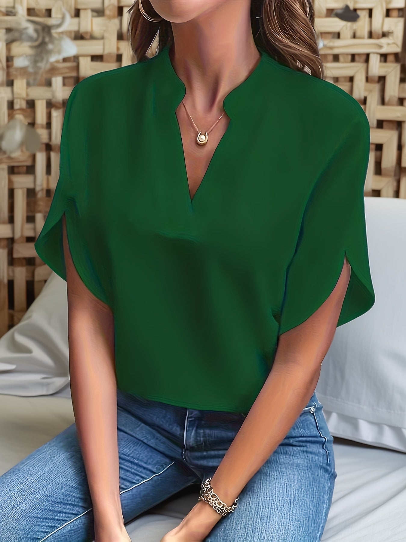 Damen Bluse – V-Ausschnitt Fledermausärmel Locker Elegant