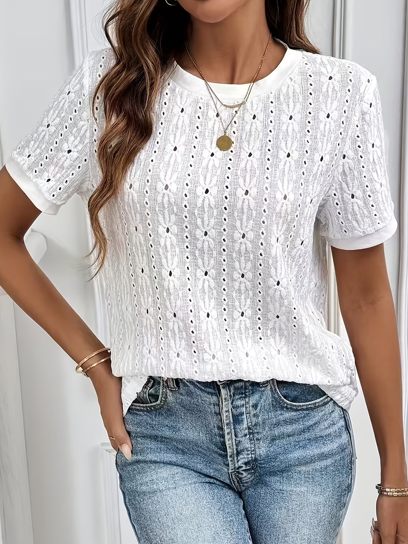Damen T-Shirt – Jacquard & Rundhals Kurzarm Minimalistisch