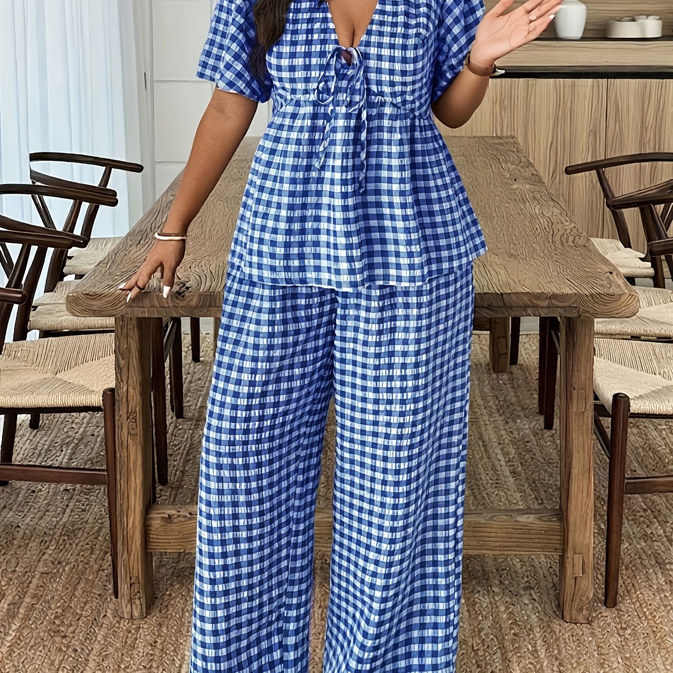 Damen Gingham Set mit Bluse und Weiter Hose