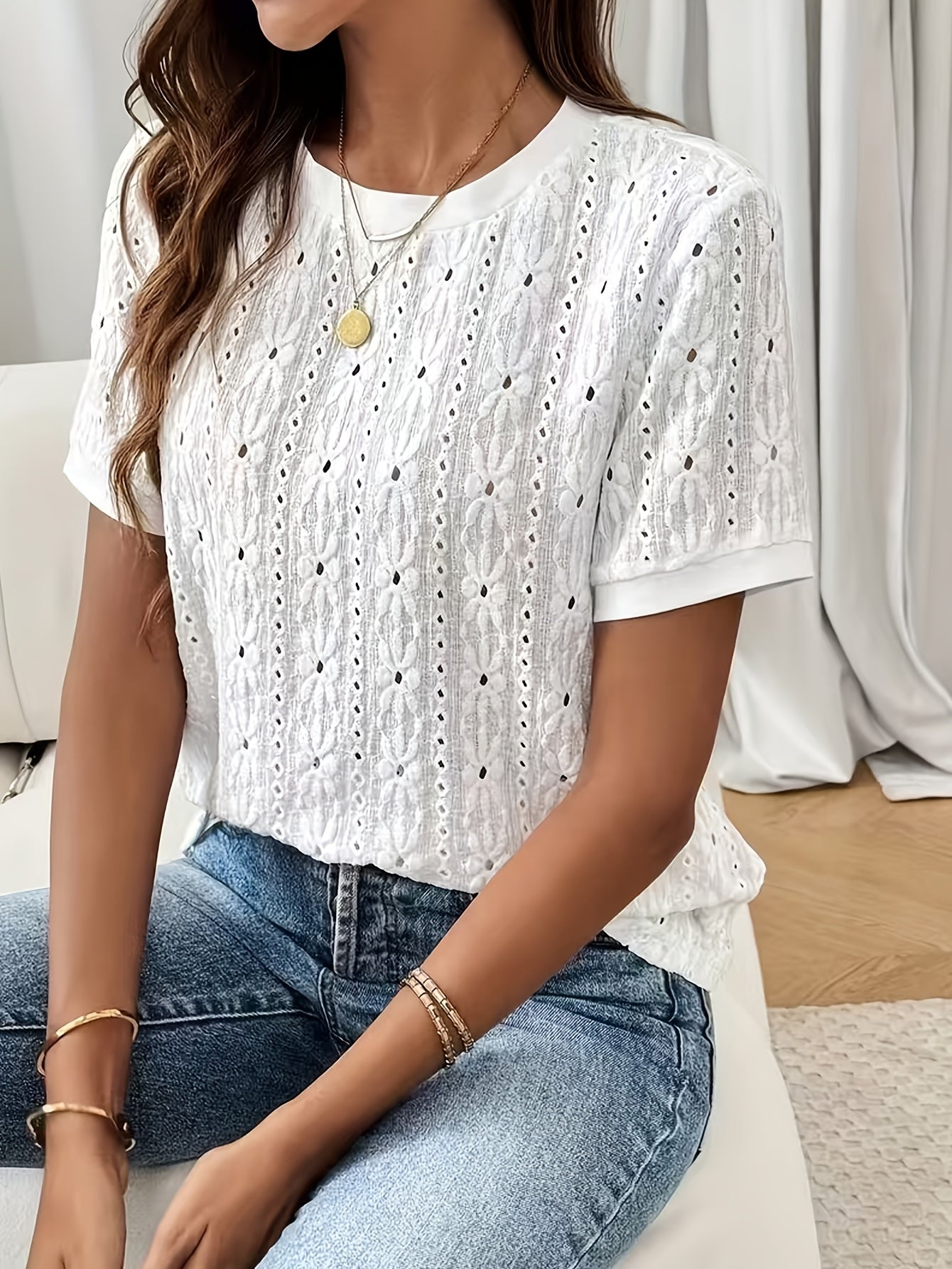 Damen T-Shirt – Jacquard & Rundhals Kurzarm Minimalistisch