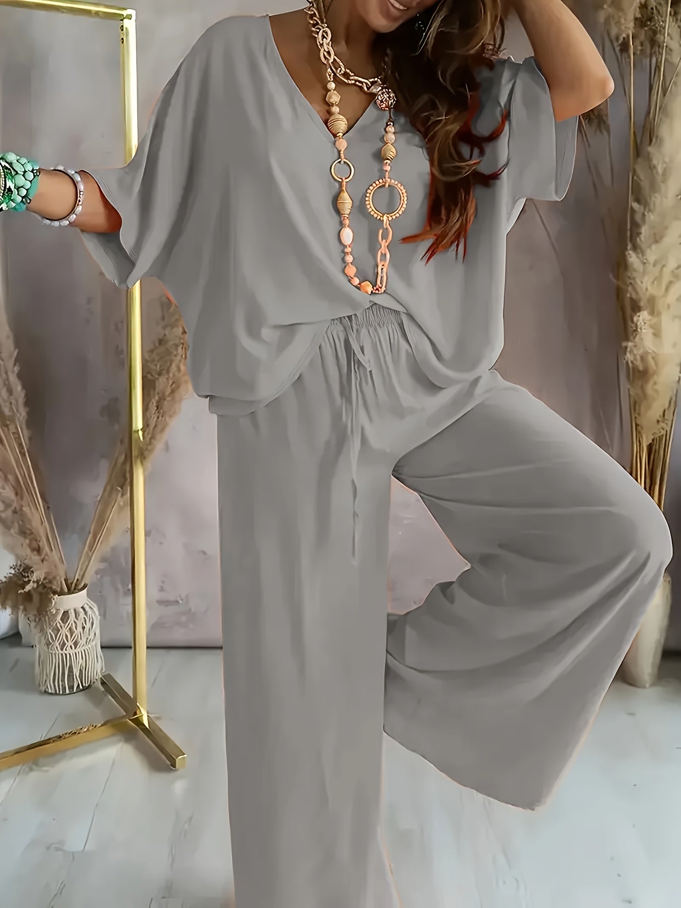 Damen Set – V-Ausschnitt & Weite Hose Lässig Elegant