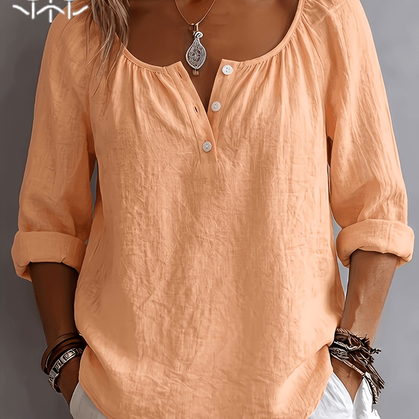 Damen Bluse – Leinenoptik & Eckiger Ausschnitt Locker Elegant