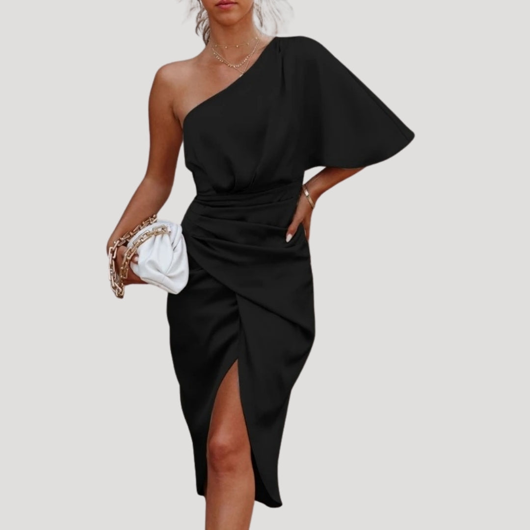 Damen Midikleid – One-Shoulder & Schlitz Elegantes Sommerkleid