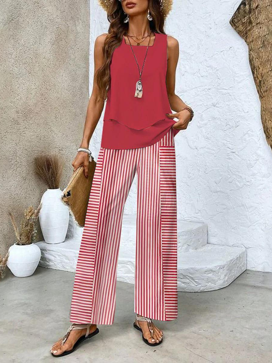 Damen Leinenlook Sommer Set mit Top und Weiter Hose