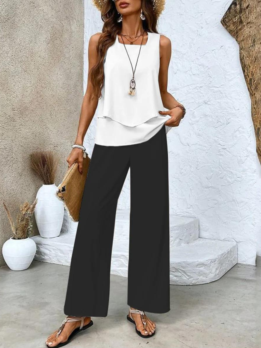 Damen Leinenlook Sommer Set mit Top und Weiter Hose