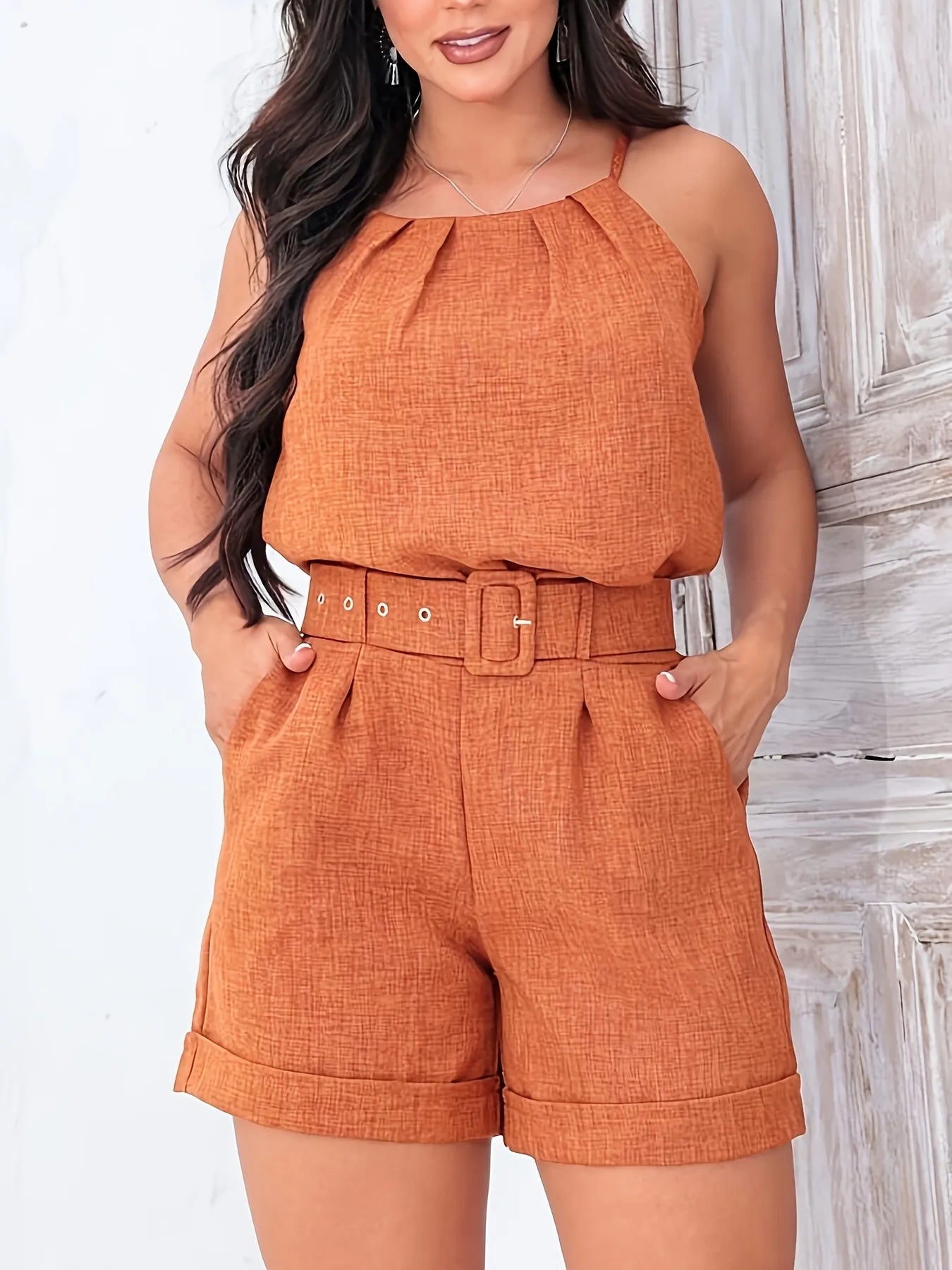 Capri Damen Zweiteiliges Set – Halterneck Top & High Waist Shorts mit Gürtel