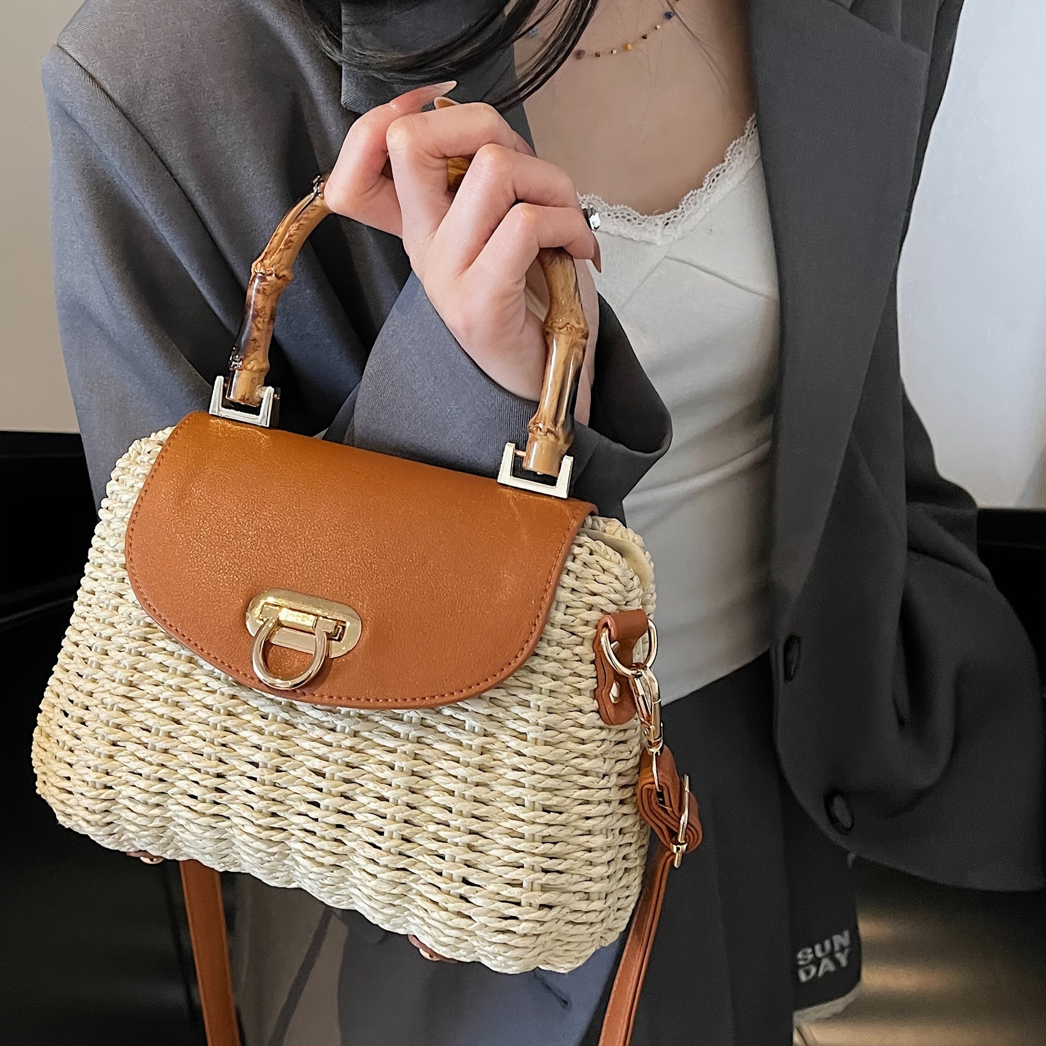 Damen Boho Strohtasche Handgewebt für Urlaub & Alltag