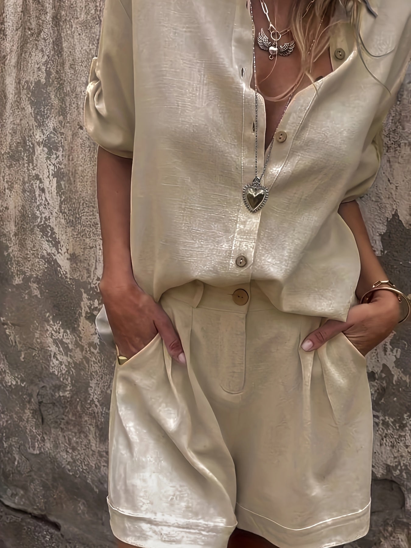 Damen Zweiteiliges Leinen-Set mit Oversize-Hemd und Shorts