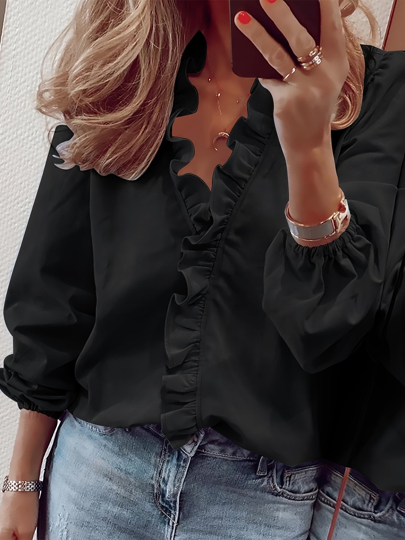 Damen Bluse – Rüschen V-Ausschnitt Locker Elegant