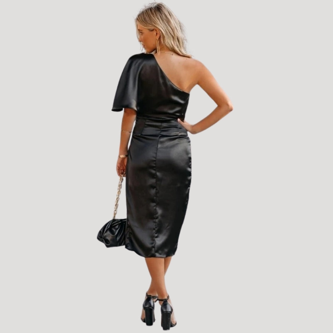 Damen Midikleid – One-Shoulder & Schlitz Elegantes Sommerkleid