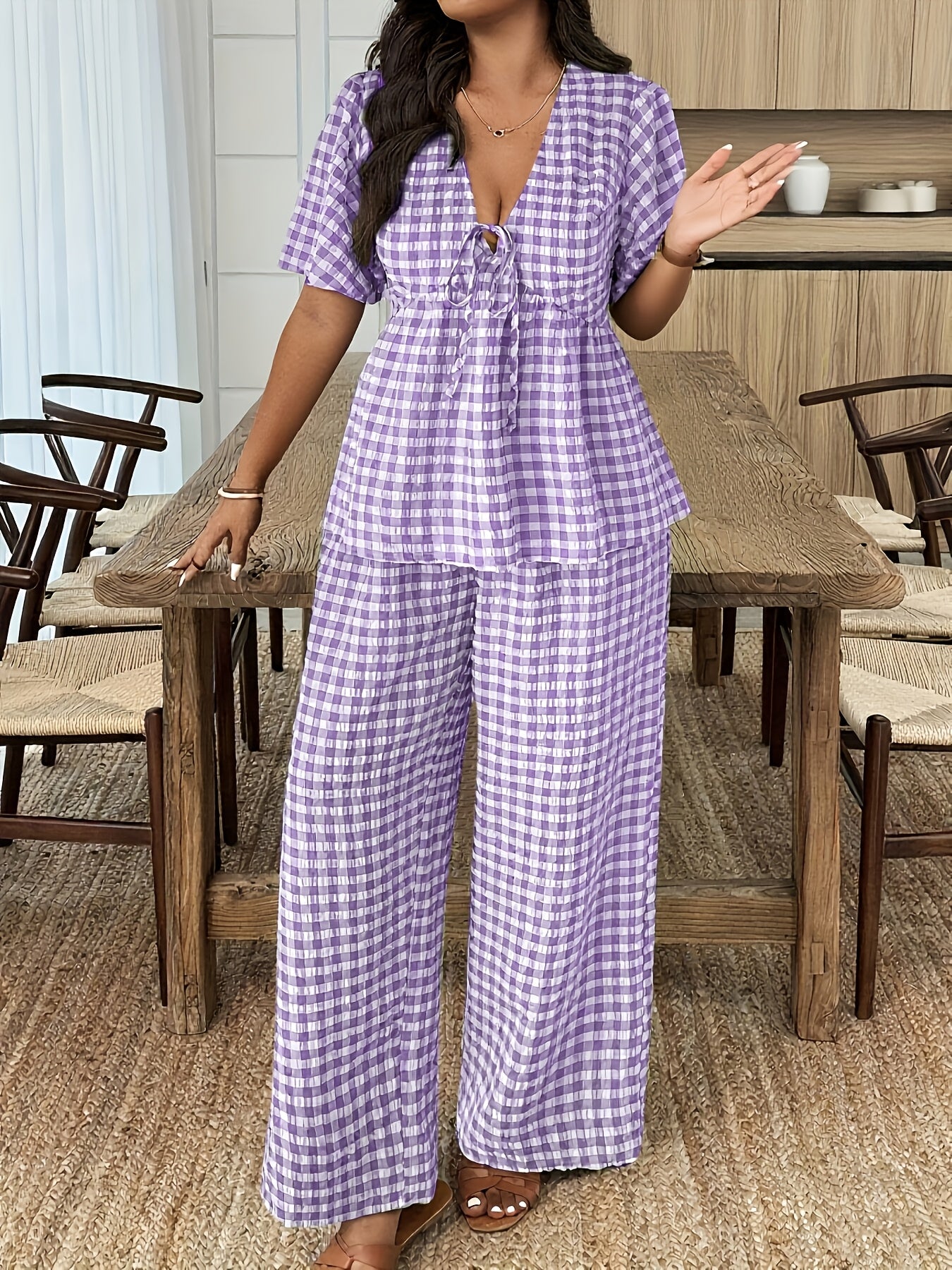 Damen Gingham Set mit Bluse und Weiter Hose
