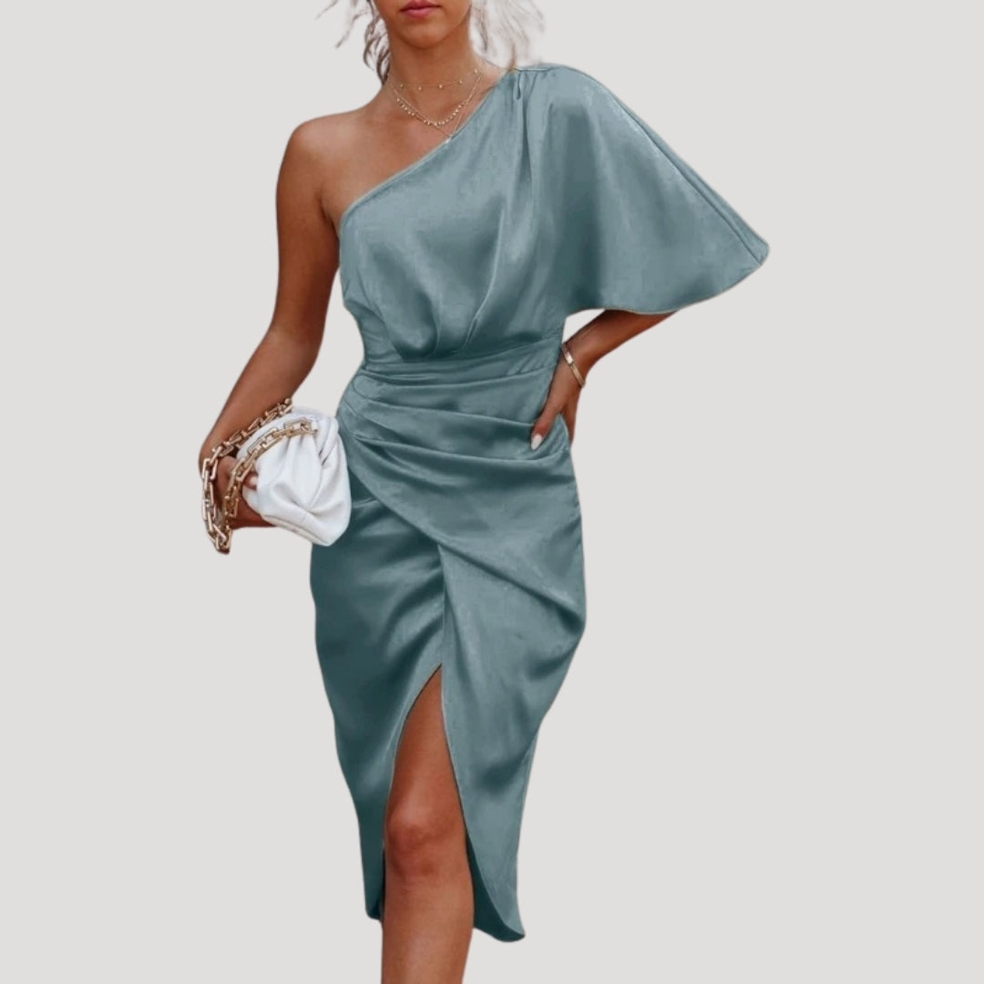 Damen Midikleid – One-Shoulder & Schlitz Elegantes Sommerkleid