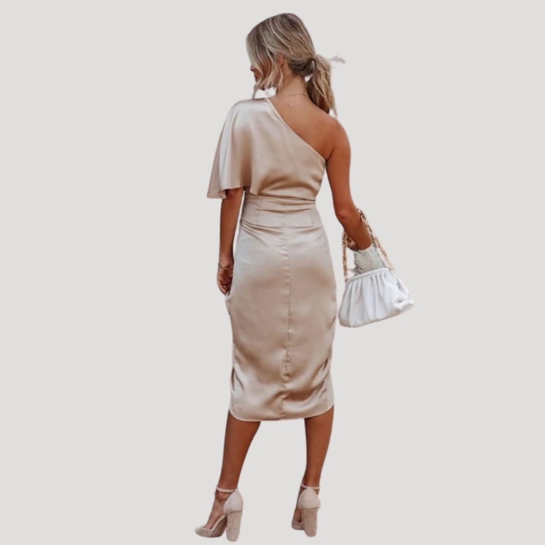 Damen Midikleid – One-Shoulder & Schlitz Elegantes Sommerkleid