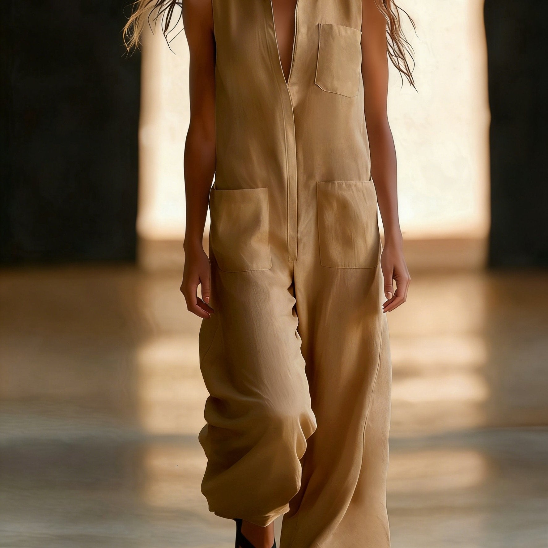 Damen Ärmelloser Wide-Leg Jumpsuit mit Taschen