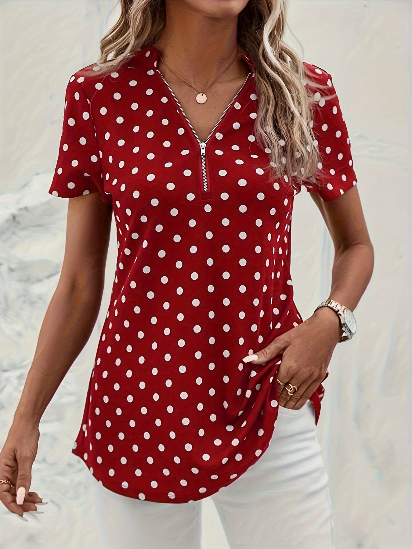 Damen Zip-Up Top mit Polka Dot Print