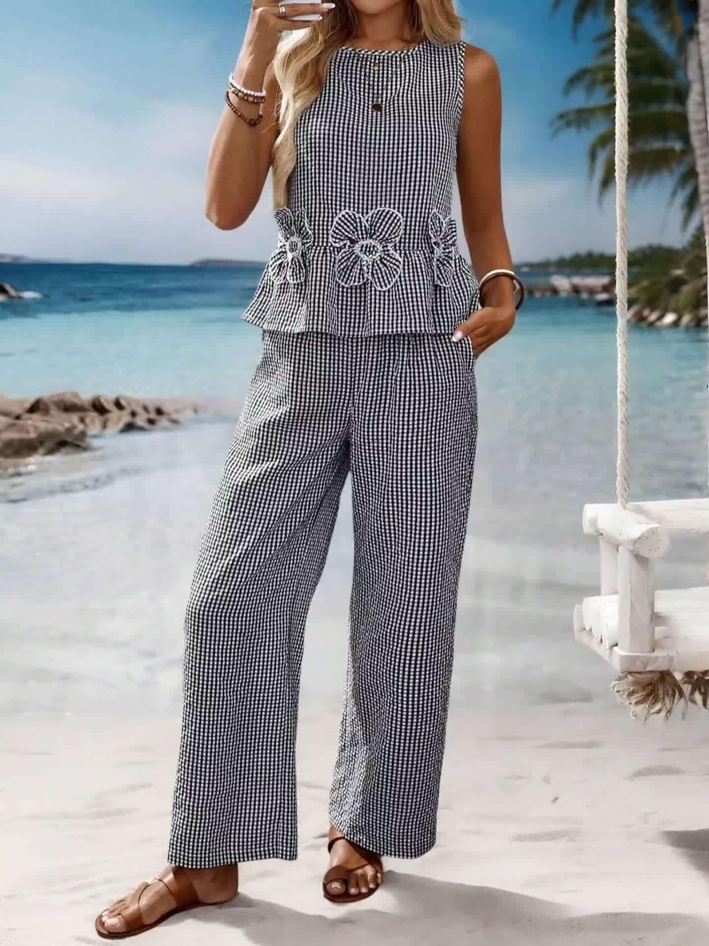 Damen Zweiteiler – Kariert Urlaub & Elegant