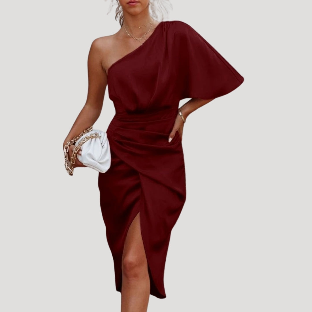 Damen Midikleid – One-Shoulder & Schlitz Elegantes Sommerkleid