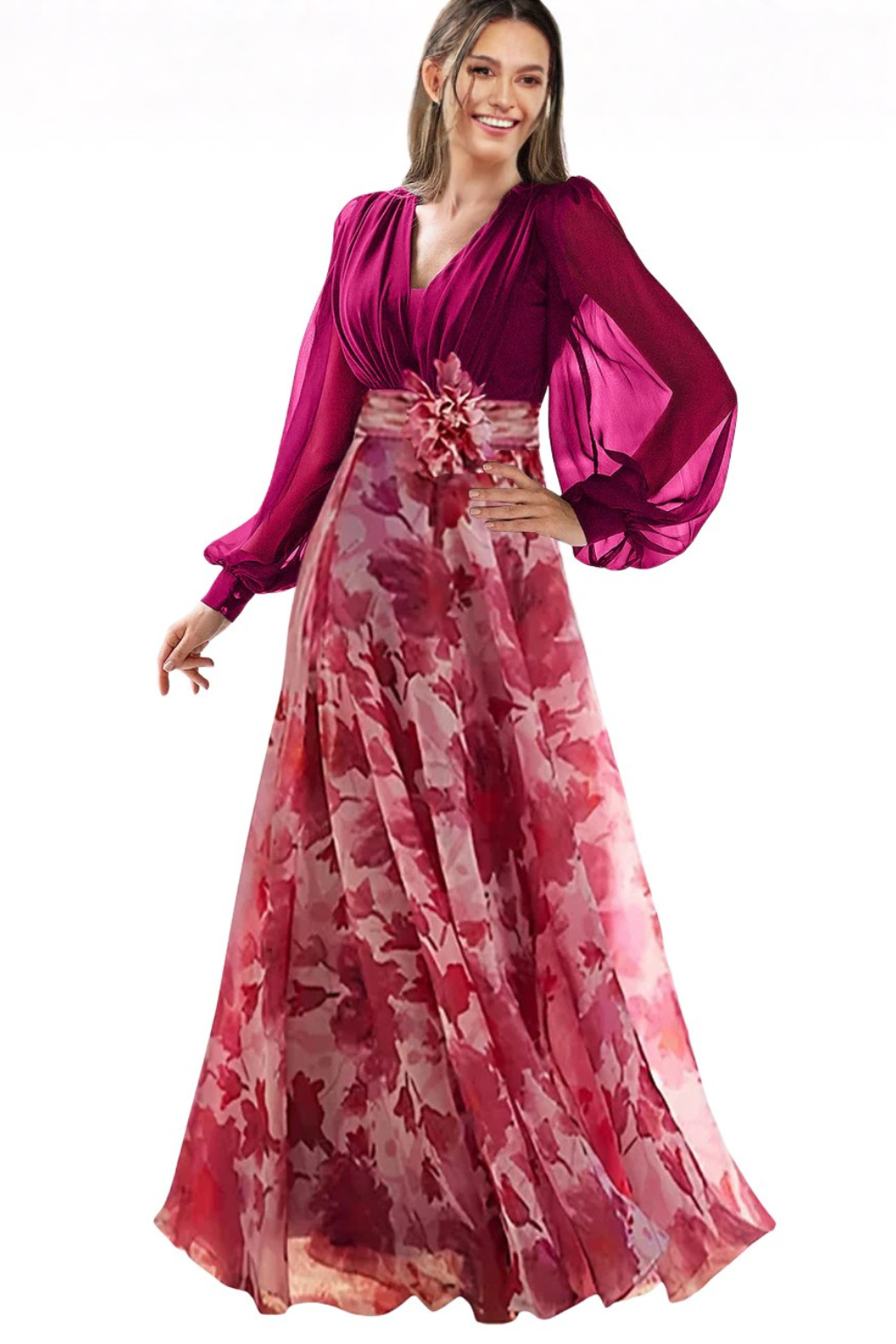 Valentina Damen Maxikleid – V-Ausschnitt & Ballonärmel Floral Elegant