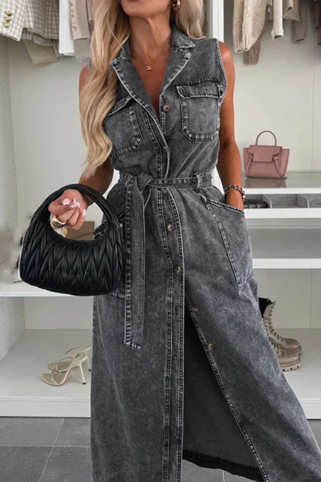 Lottie | Damen Denim Maxikleid – Ärmellos & Mit Gürtel Elegant