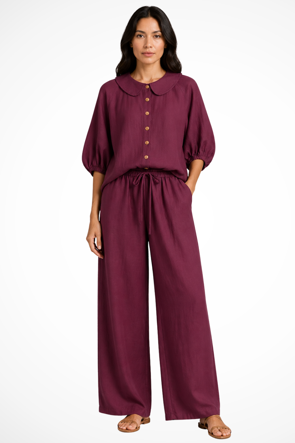 Cordelia Damen Leinen Set – Bluse mit Peter-Pan-Kragen & Weite Hose