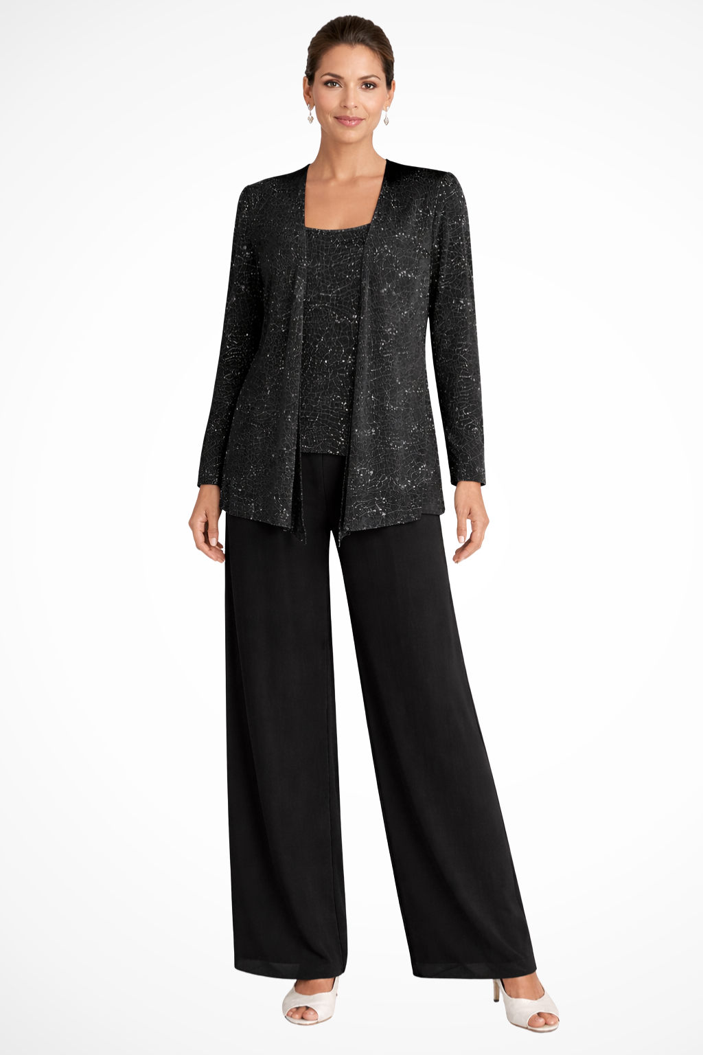 Miriam | Women Sequin Lace Jacket Three Piece Wide Leg Wedding Guest Trouser Suit