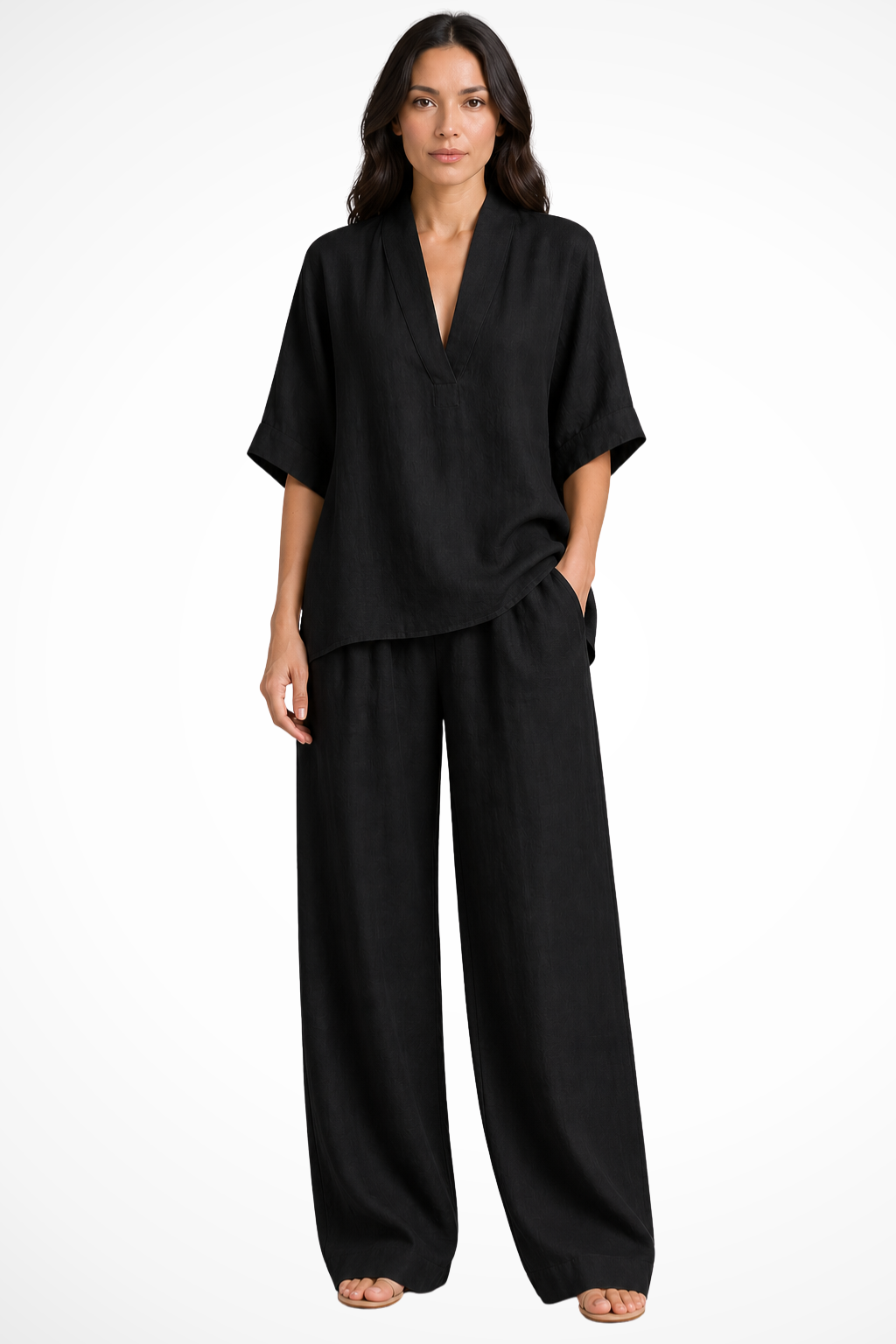 Rosalind Damen Leinen Set – V-Ausschnitt Top & Weite Hose