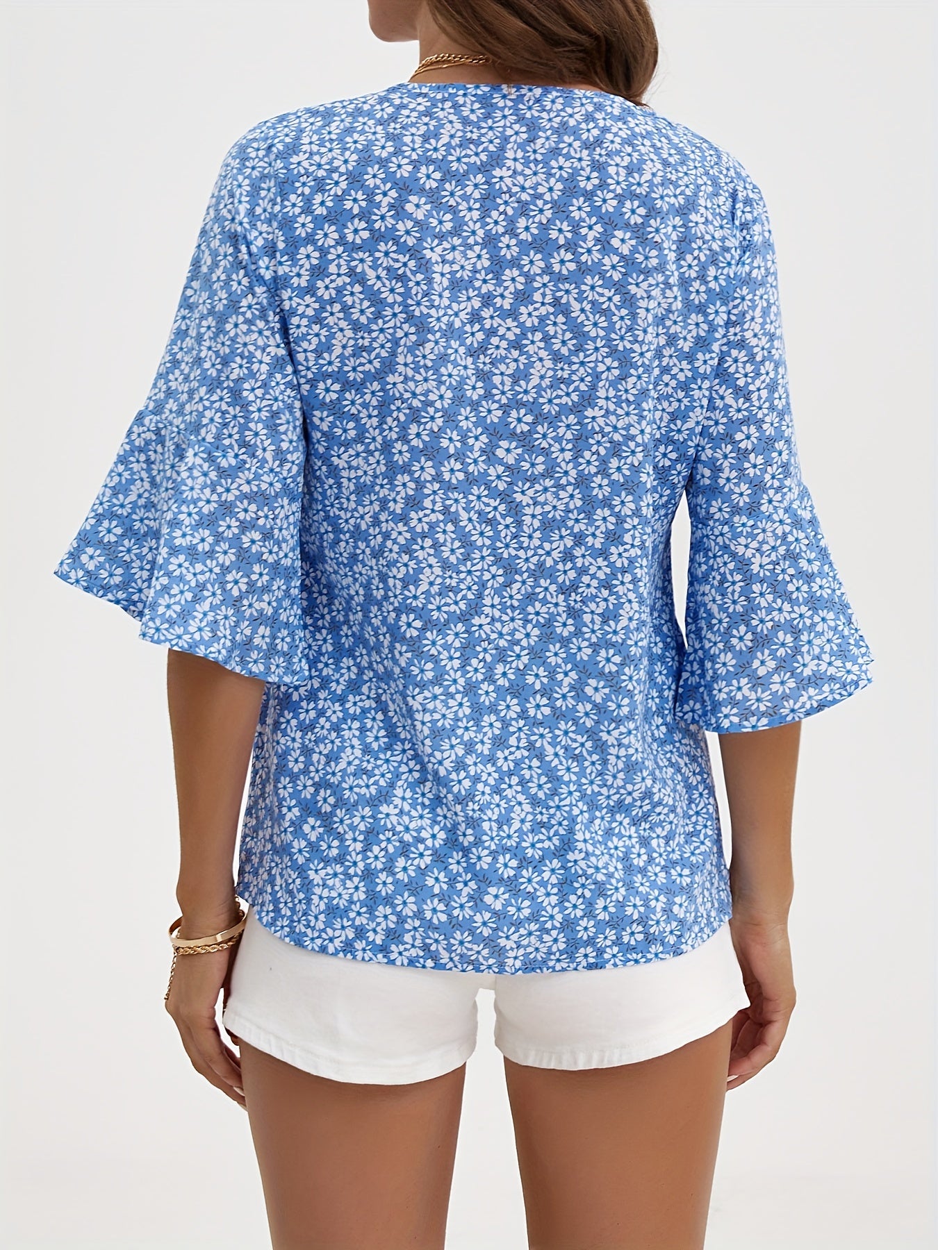 Damen Bluse – Floral V-Ausschnitt & Rüschenärmel Elegant