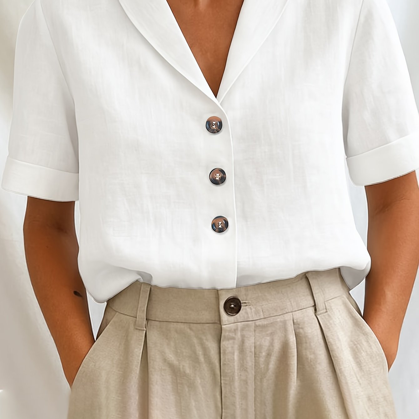 Damen Bluse – Locker & Reverskragen Kurzarm Einfarbig