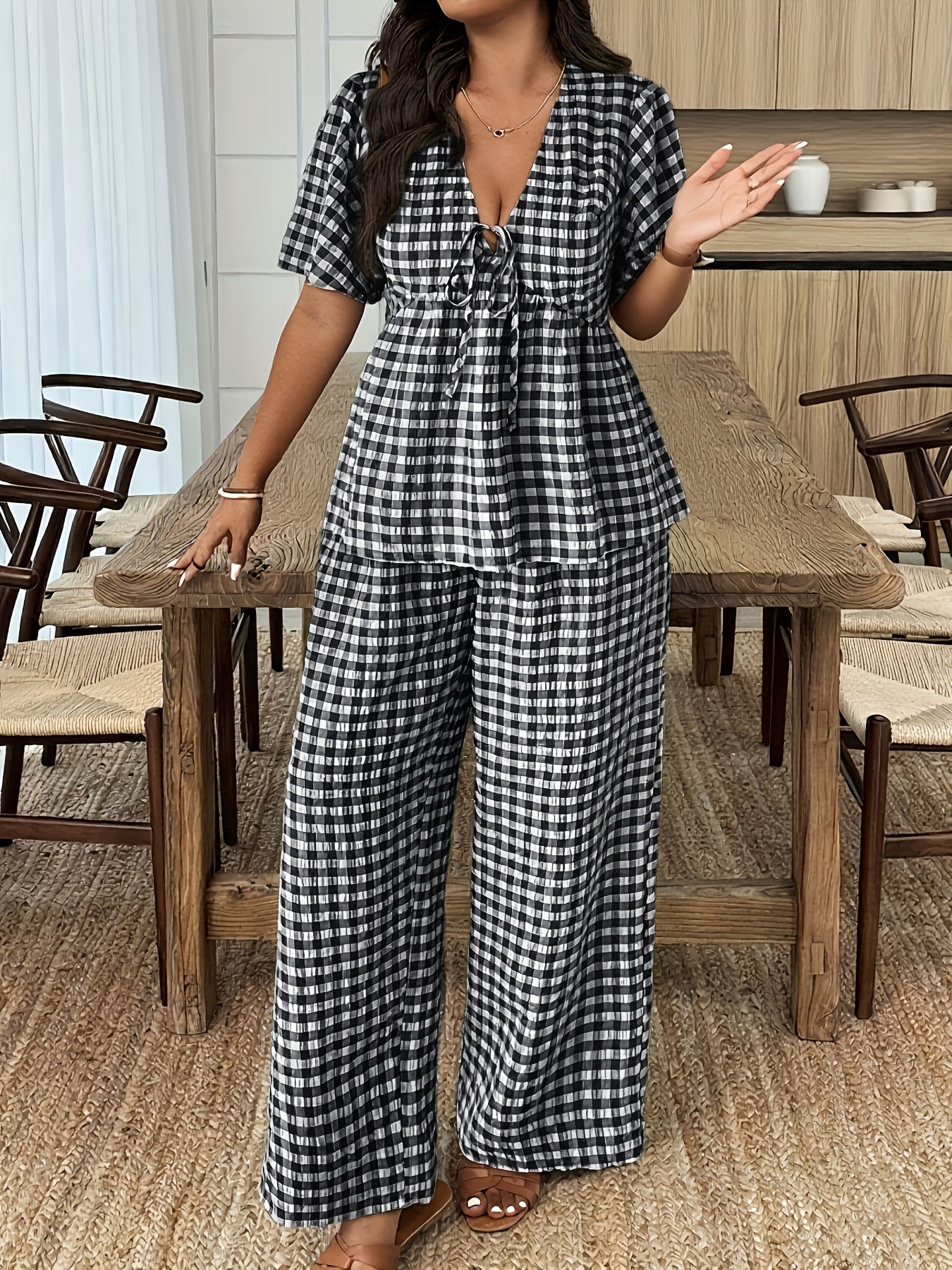 Damen Gingham Set mit Bluse und Weiter Hose