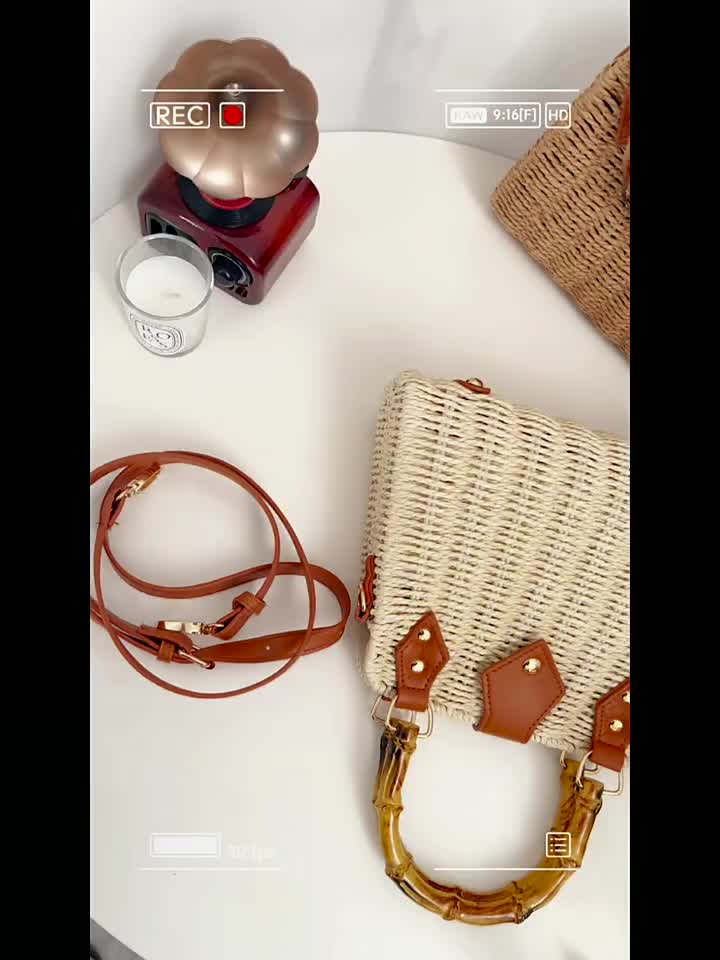 Damen Strandtasche Geflochten mit Bambusgriff