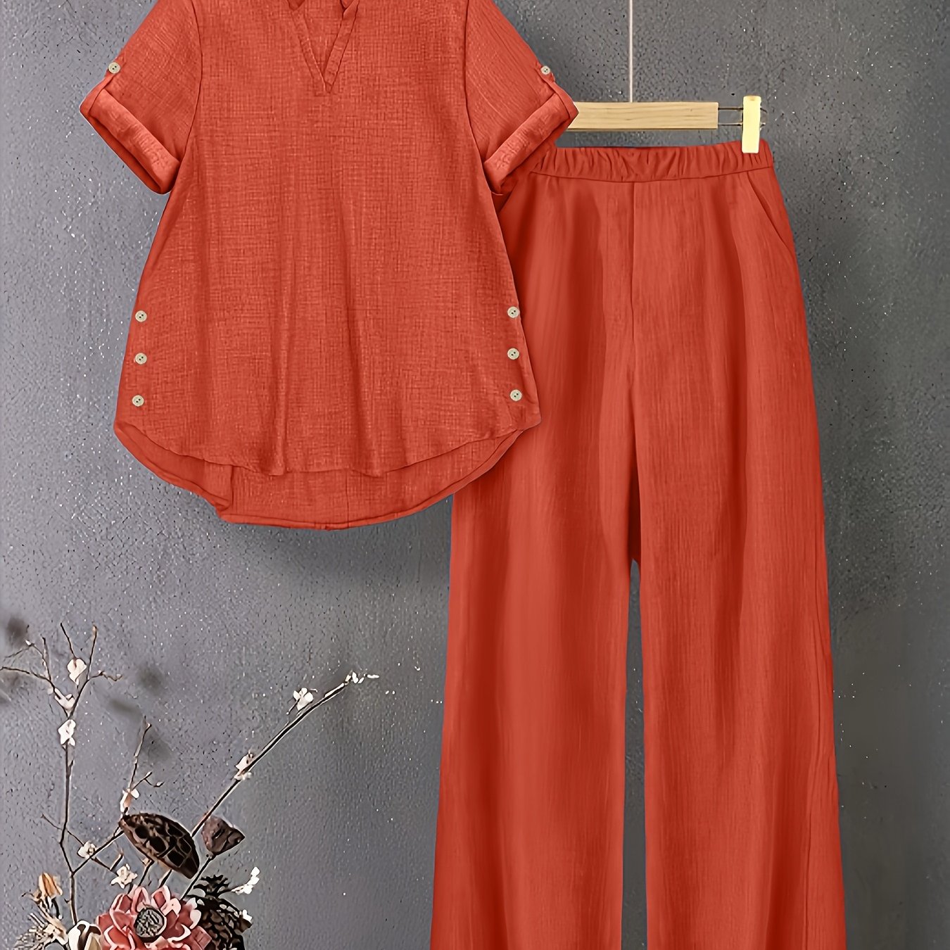 Damen Zweiteiler mit V-Ausschnitt Top und Elastischer Hose