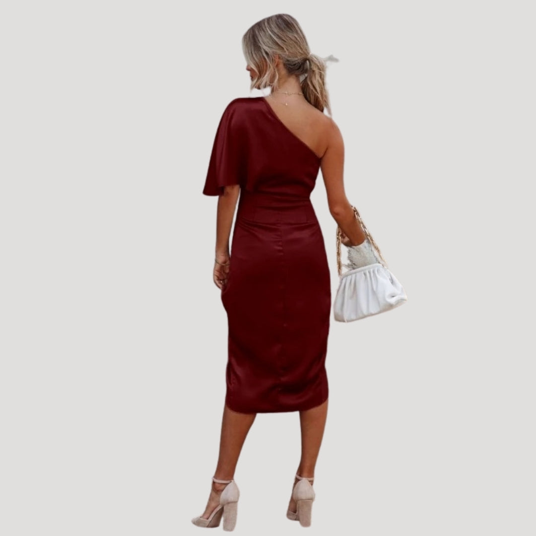 Damen Midikleid – One-Shoulder & Schlitz Elegantes Sommerkleid