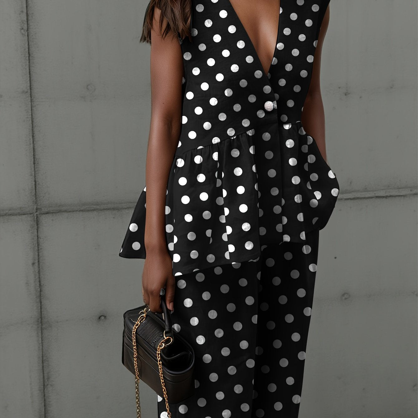 Damen Zweiteiliges Vintage Set mit Tupfen-Top und Weiter Hose