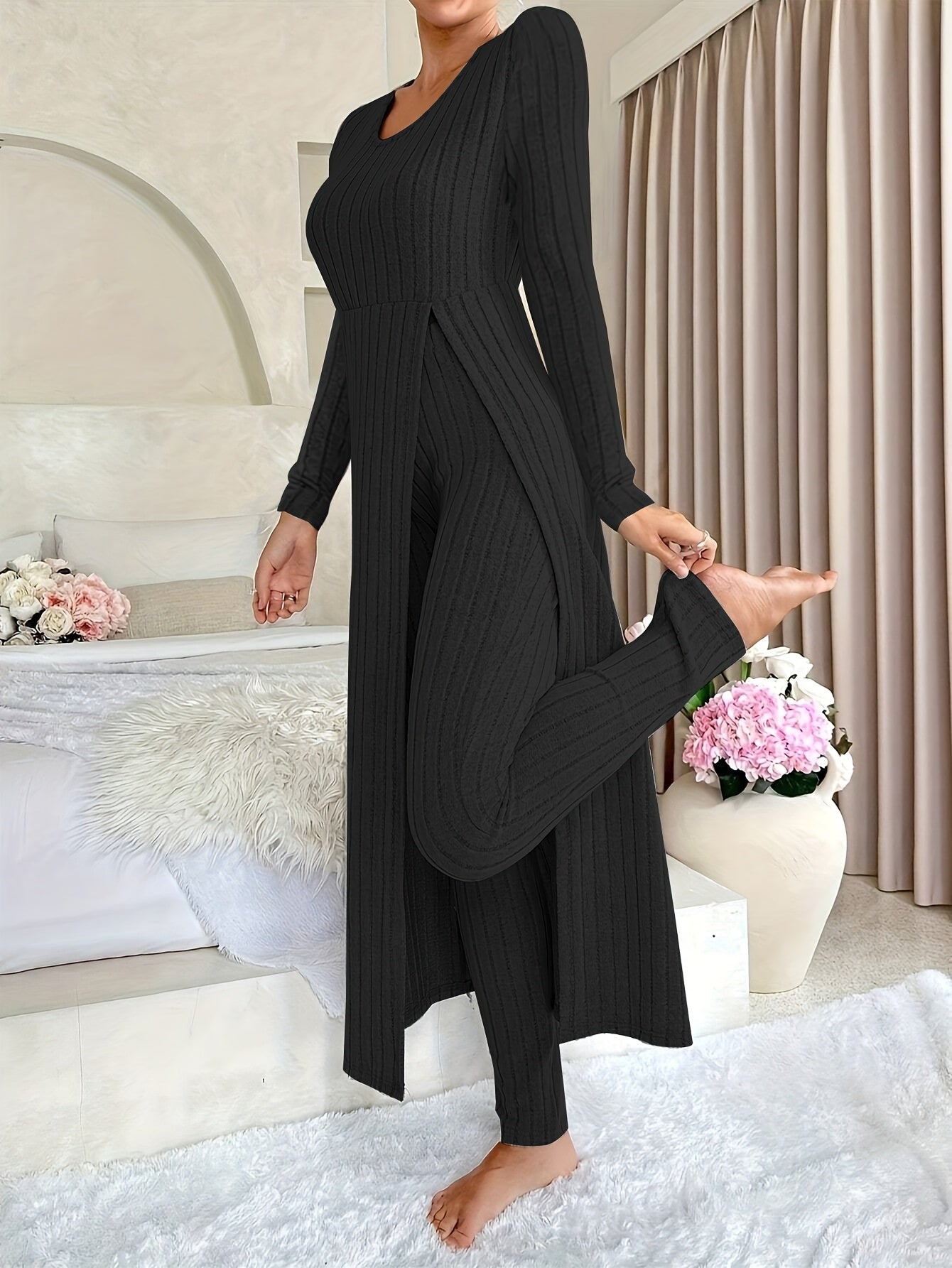Damen Zweiteiliges Rippstrick-Set mit Langarm-Top und Hose