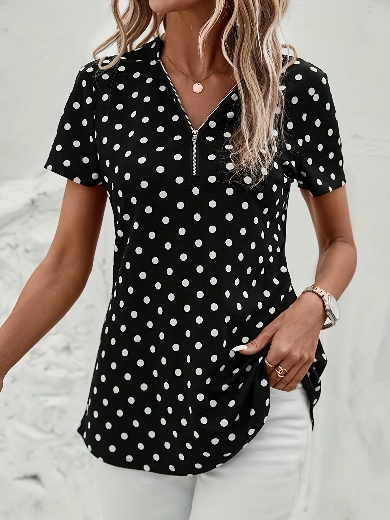 Damen Zip-Up Top mit Polka Dot Print