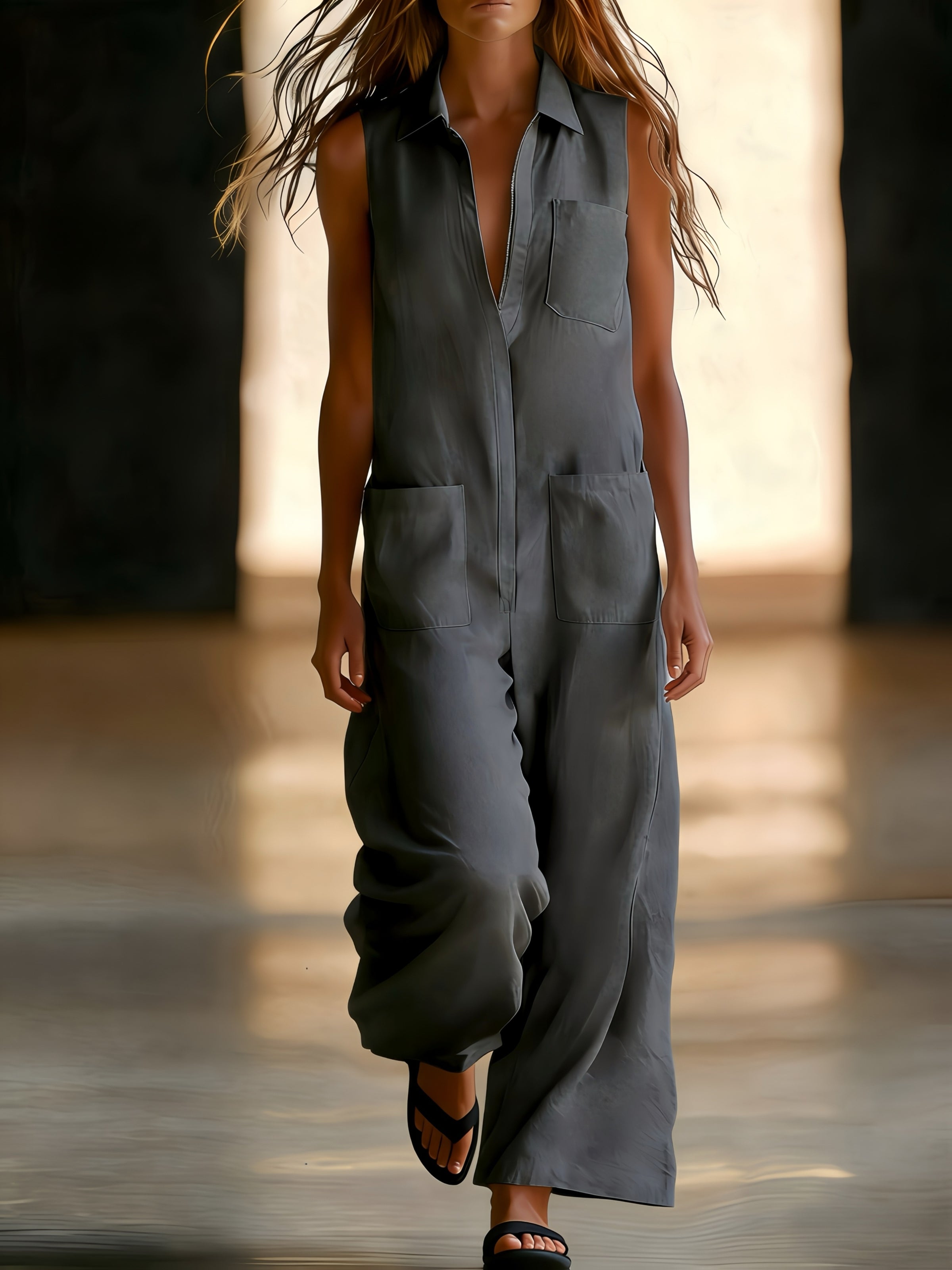 Damen Ärmelloser Wide-Leg Jumpsuit mit Taschen