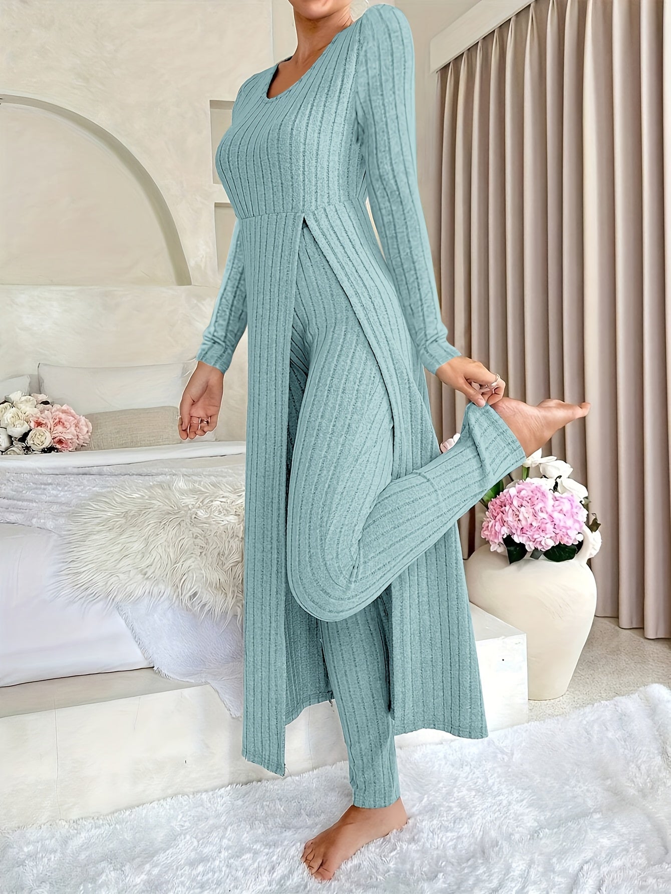 Damen Zweiteiliges Rippstrick-Set mit Langarm-Top und Hose