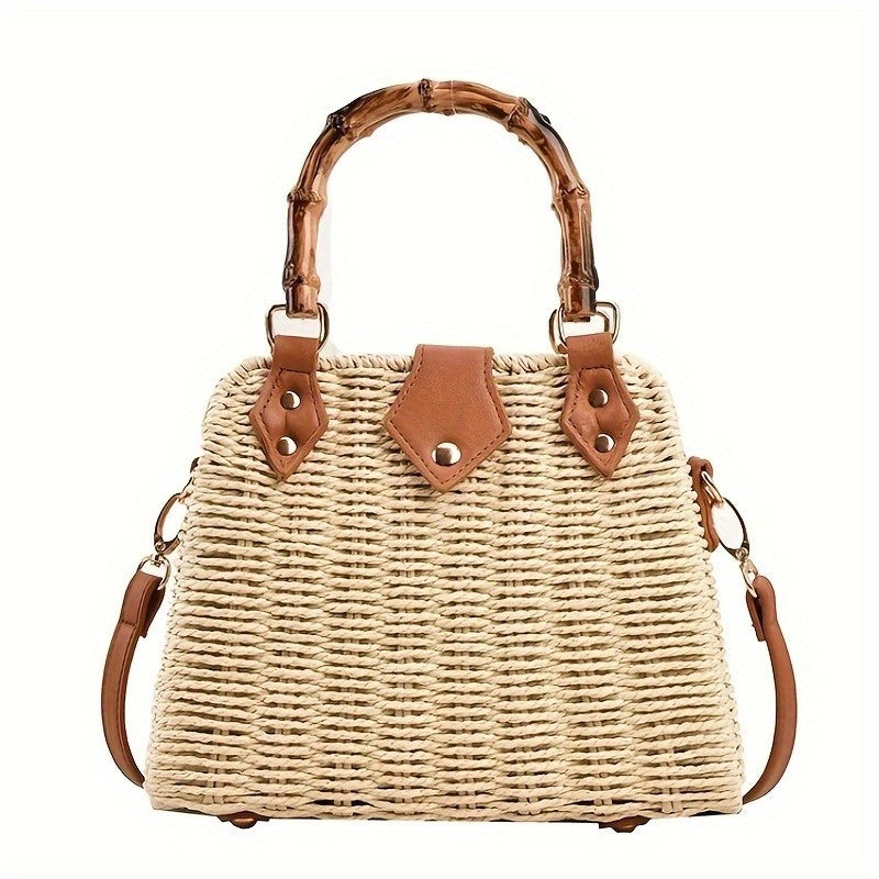 Damen Strandtasche Geflochten mit Bambusgriff